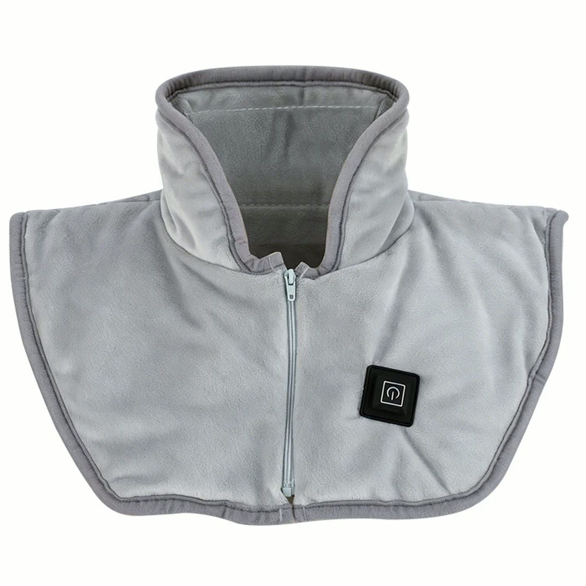 Châle chauffant gris à col montant zippé, bouton de commande sur la poitrine, sur fond blanc