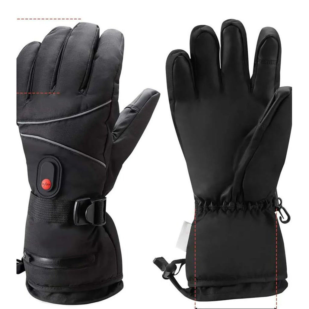 Gants de ski chauffants noirs, bouton de chaleur au dos de la main