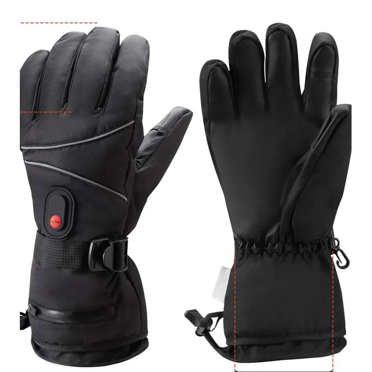 Gants de ski chauffants noirs, bouton de chaleur au dos de la main