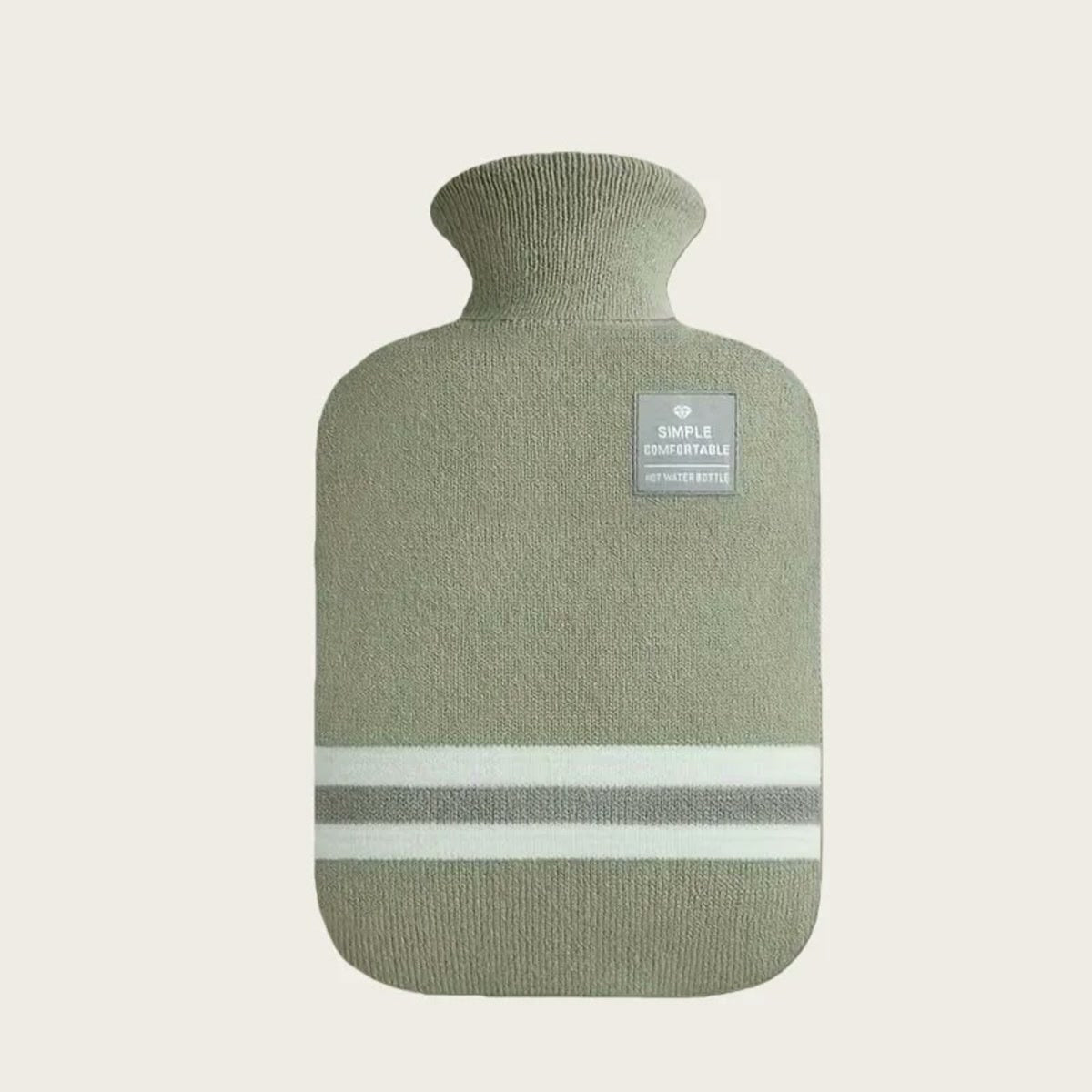Bouillotte dans sa housse en tricot vert sauge à rayures
