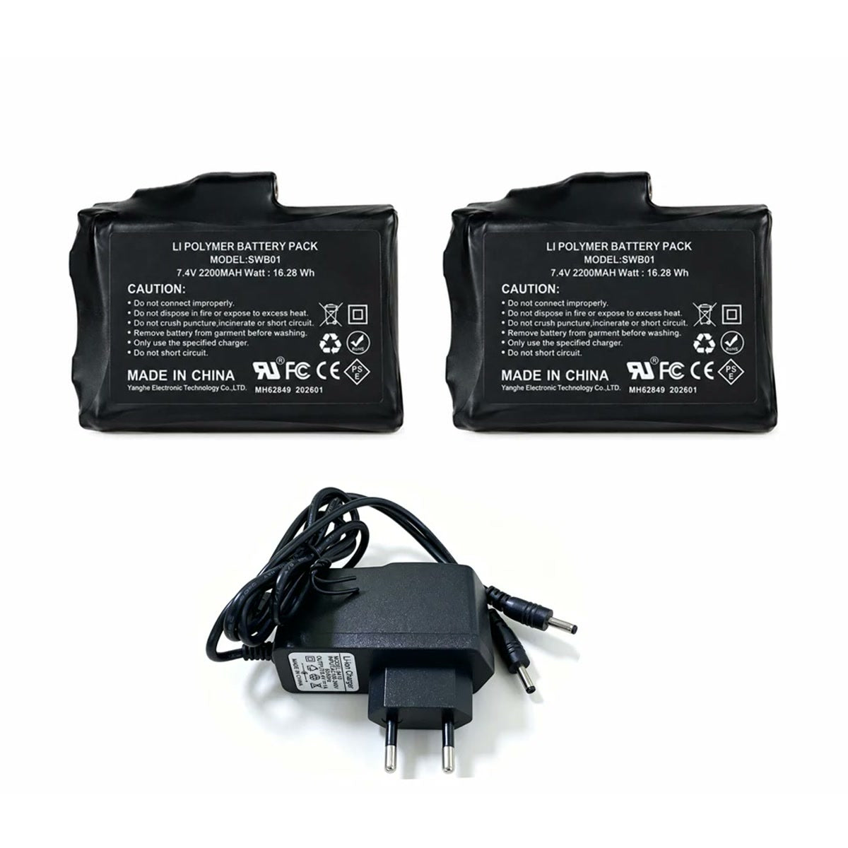 Deux batteries 7,4 V 2 200 mAh et leur chargeur double à prise européenne