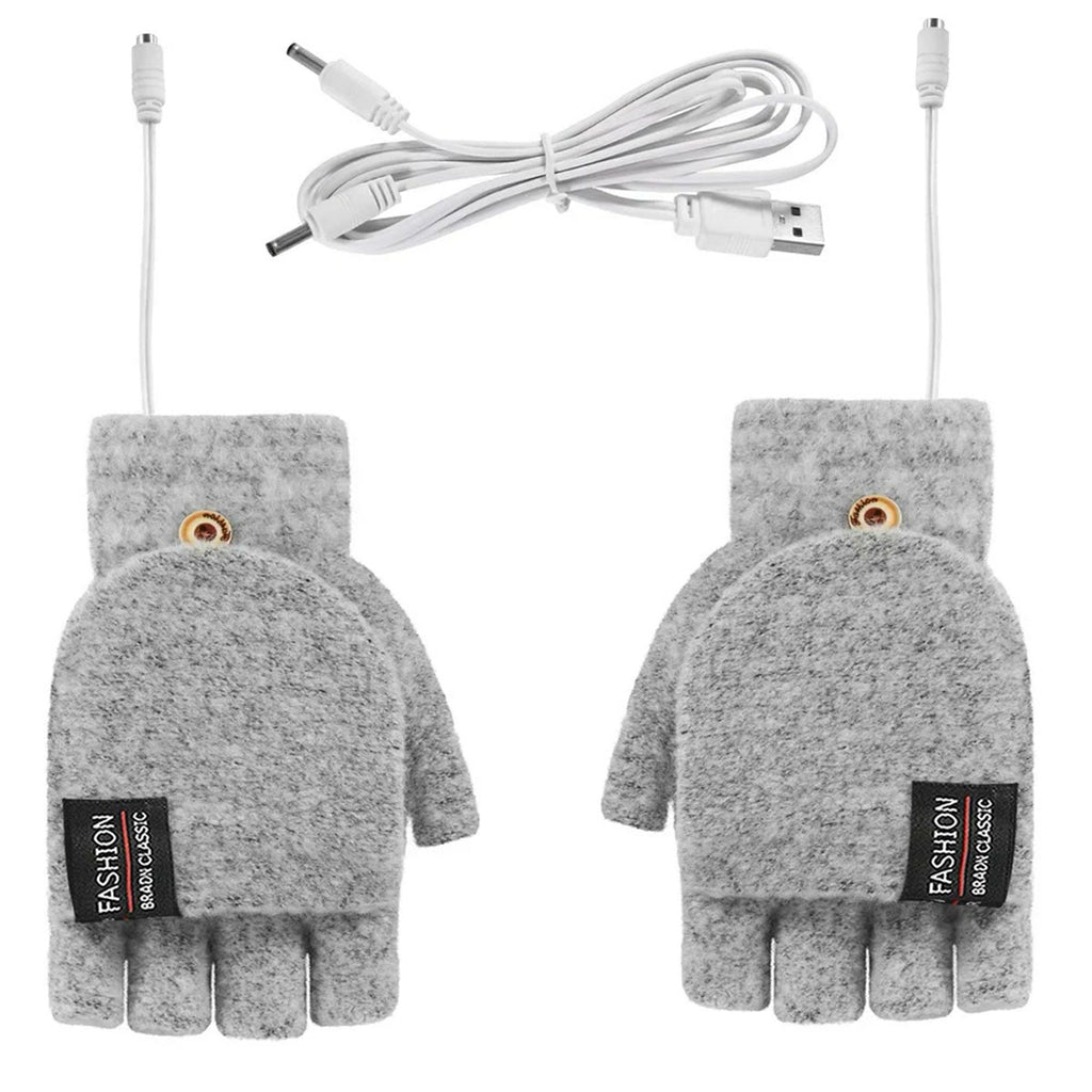 Mitaines chauffantes USB grises en maille, rabat ouvert, câble USB