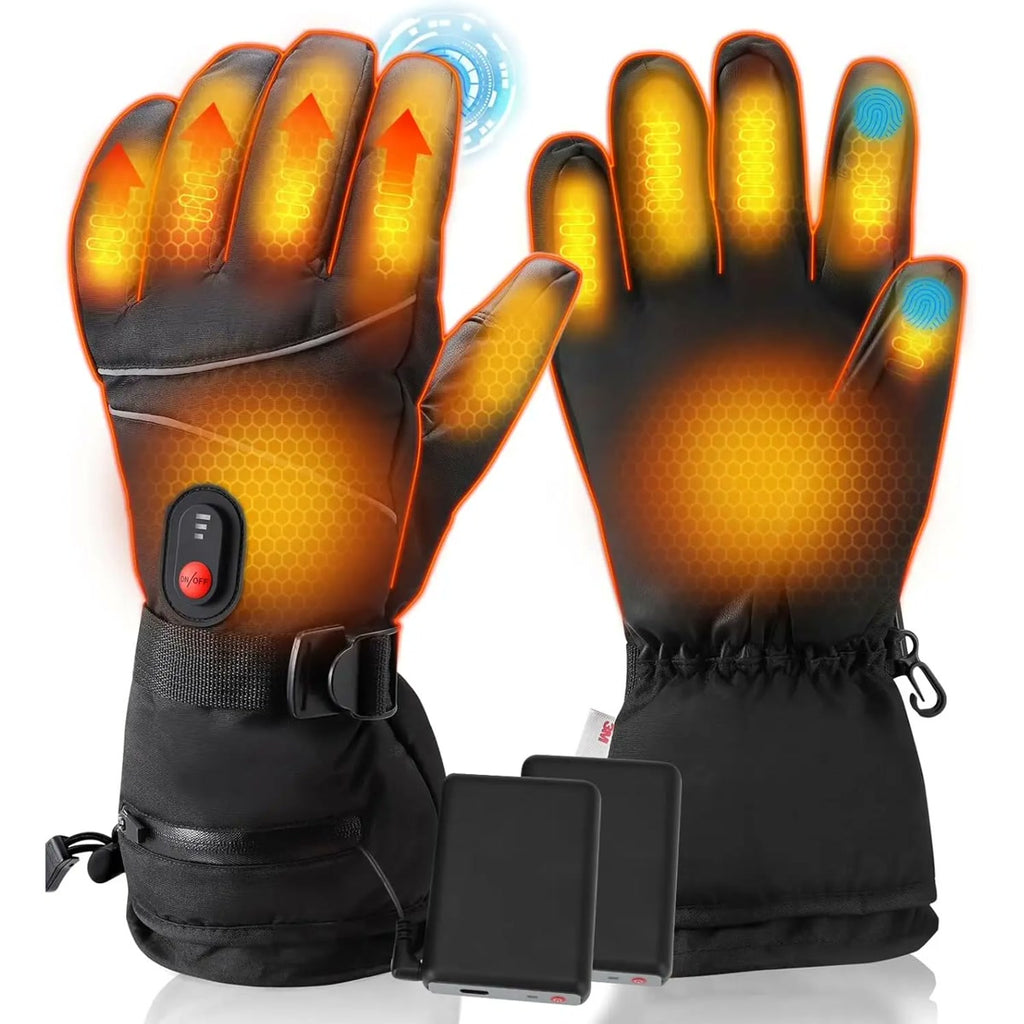 Gants de ski chauffants, zones de chaleur sur les doigts et le dos de la main, deux batteries