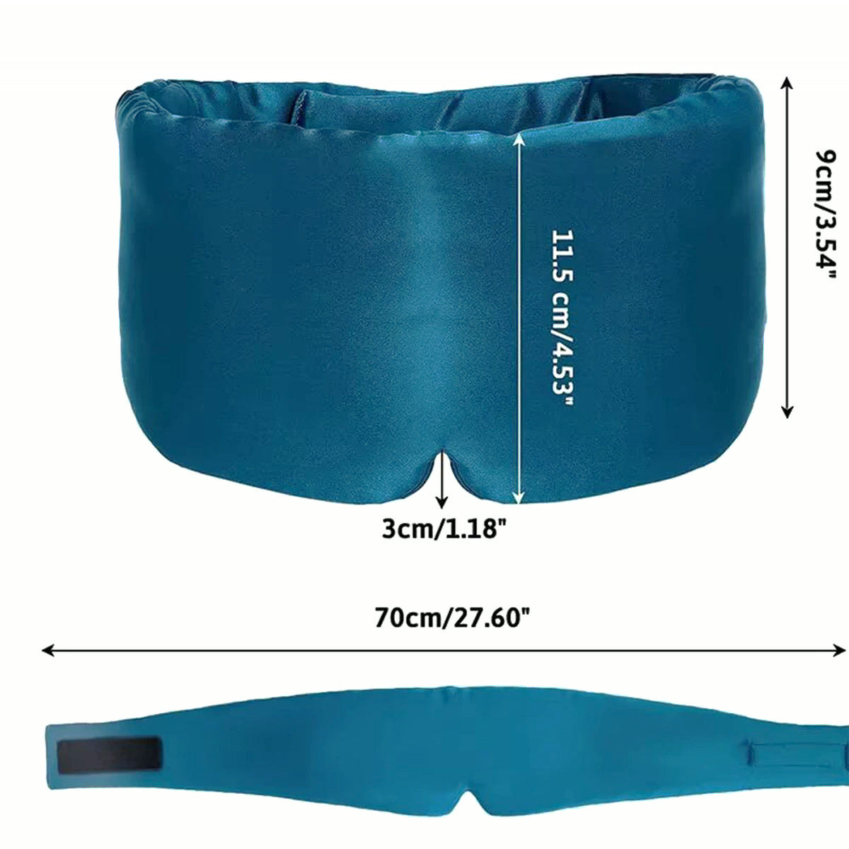Dimensions du masque en soie : 70 cm de long, 11,5 cm de haut au centre, fermeture auto-agrippante