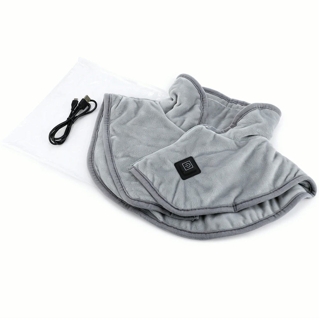 Contenu du colis : châle chauffant plié, câble USB et sachet