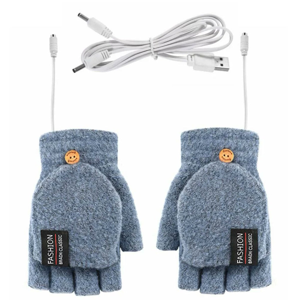 Mitaines chauffantes USB bleu jean, rabat moufle relevé