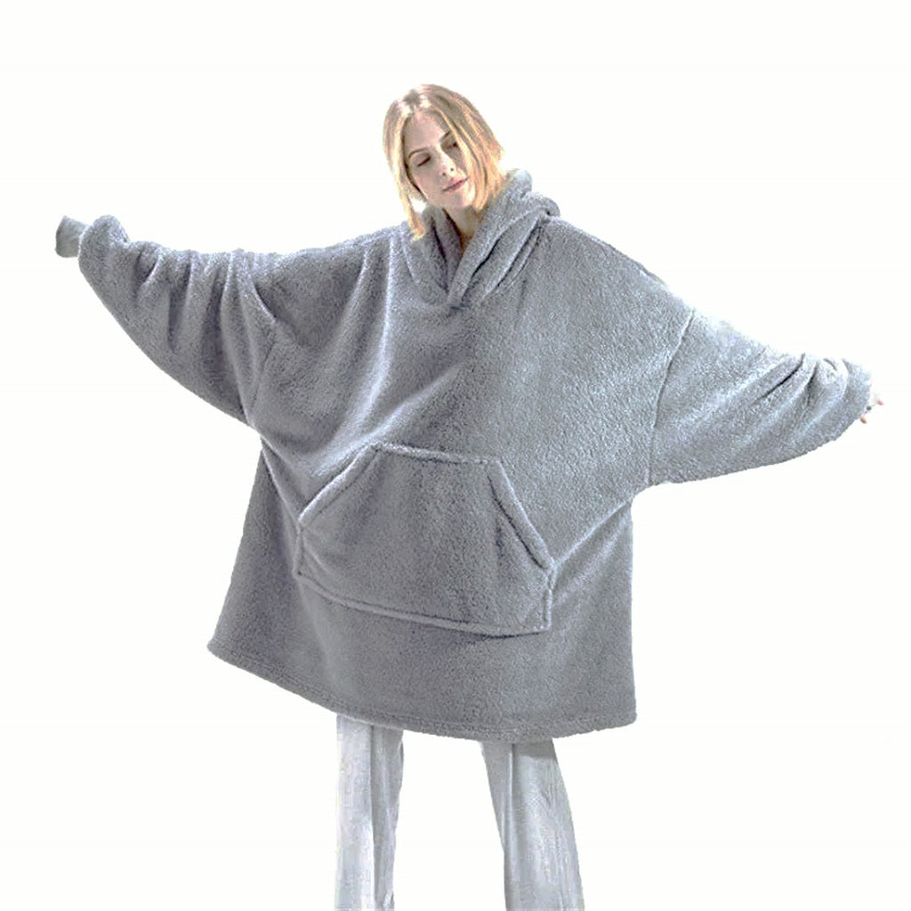 Sweat plaid en sherpa gris chiné porté, grande poche ventrale