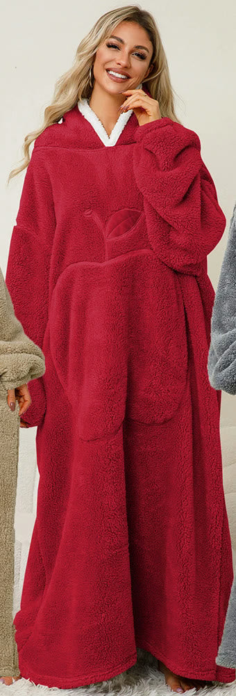 Robe-plaid en peluche épaisse, capuche bordée sherpa