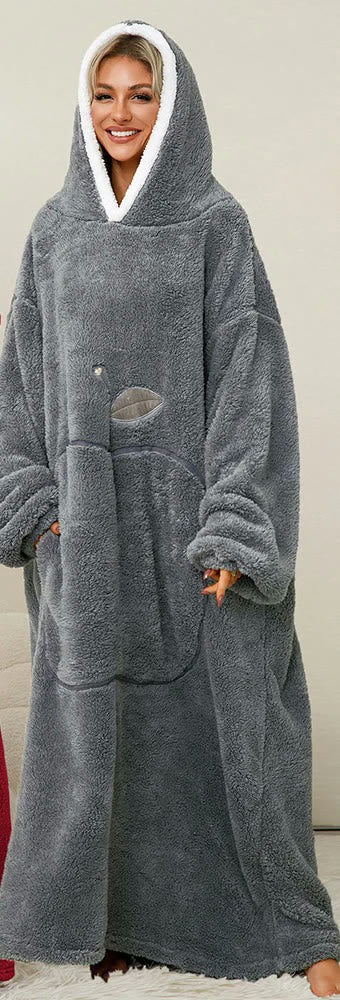 Robe-plaid en peluche épaisse, capuche bordée sherpa