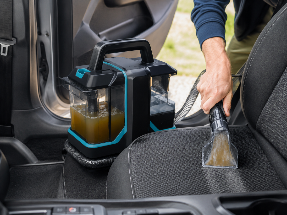 Nettoyage d'un siège de voiture en tissu avec la shampouineuse OVANEA Édition Bondi, eau sale visible dans le réservoir
