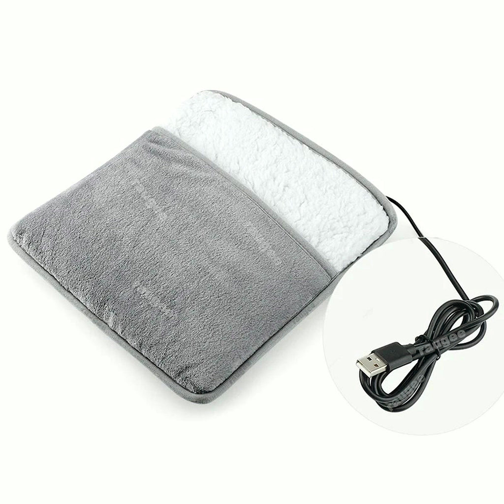 Chauffe-pieds USB en flanelle grise et son câble USB