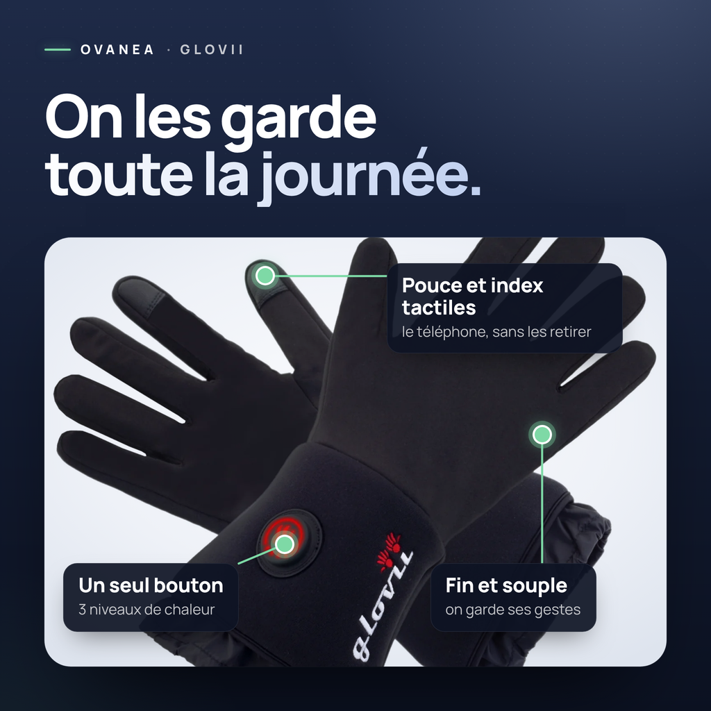 Gants chauffants Glovii : pouce et index tactiles, un seul bouton, tissu fin et souple