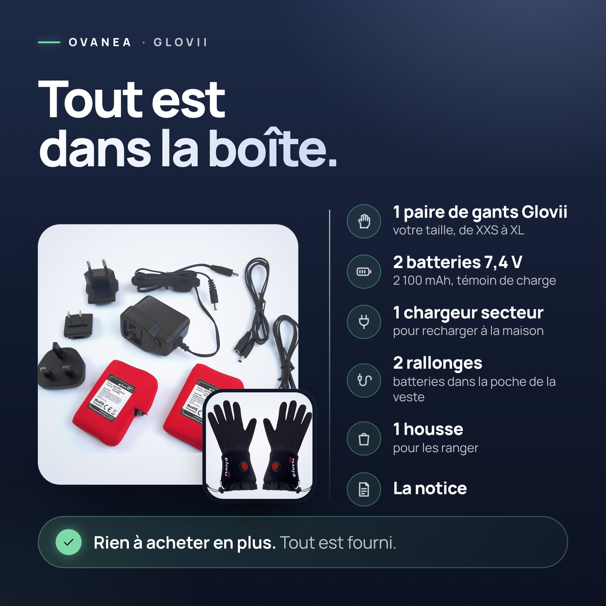 Ce qui est dans la boîte des gants chauffants Glovii : gants, 2 batteries 7,4 V, chargeur, 2 rallonges, housse, notice