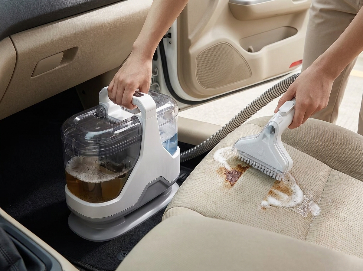 Shampouineuse OVANEA utilisée sur un siège de voiture