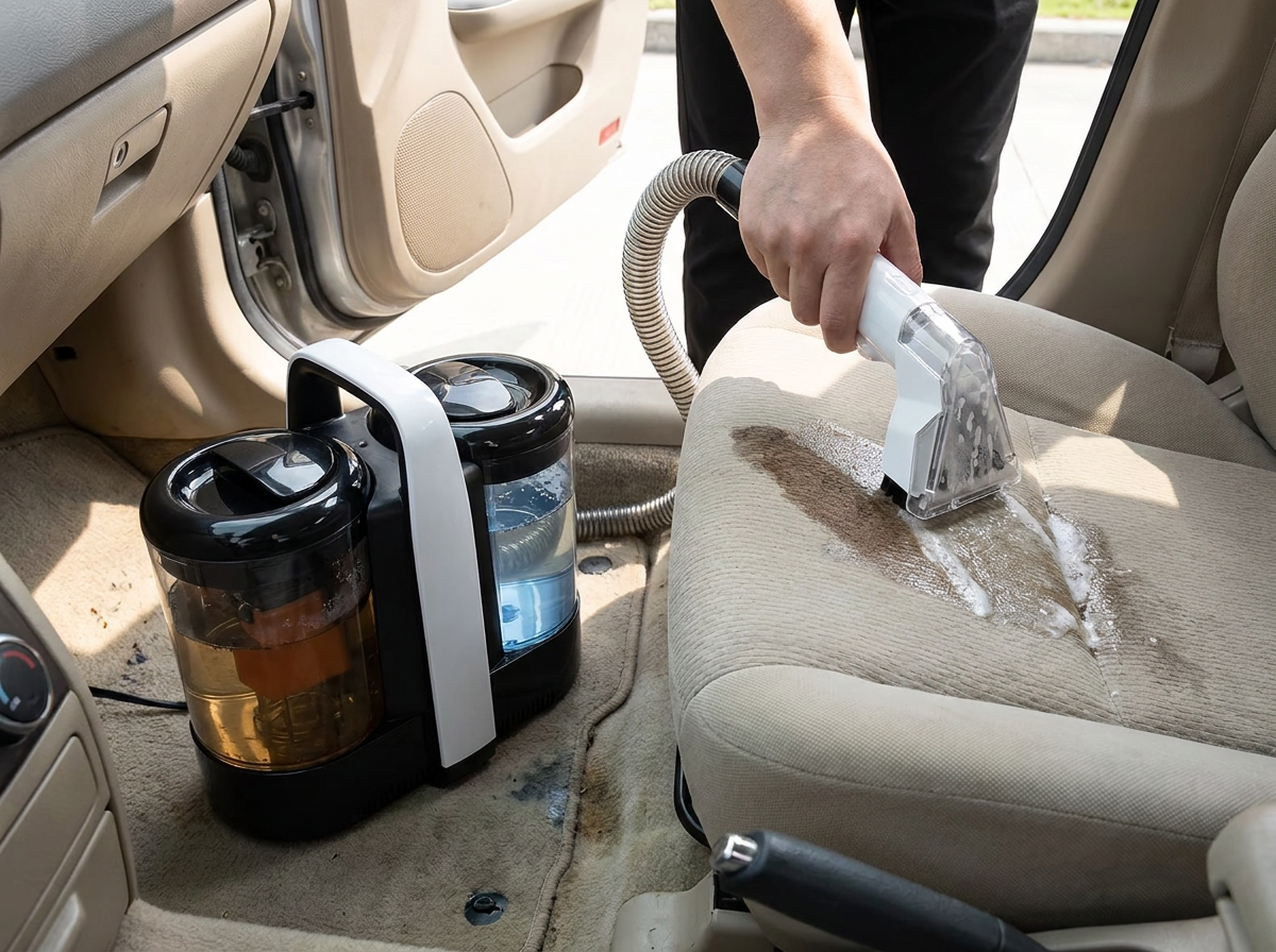 Shampouineuse OVANEA utilisée sur un siège de voiture