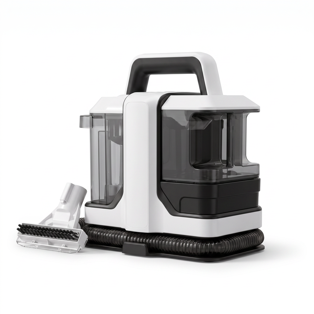 Shampouineuse Multi-surfaces OVANEA 750W 15000Pa sur fond blanc - aspirateur laveur puissance maximale canapé tapis voiture
