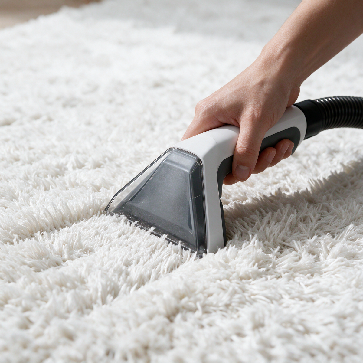 Shampouineuse OVANEA nettoyant un tapis blanc à poils longs sans abîmer les fibres