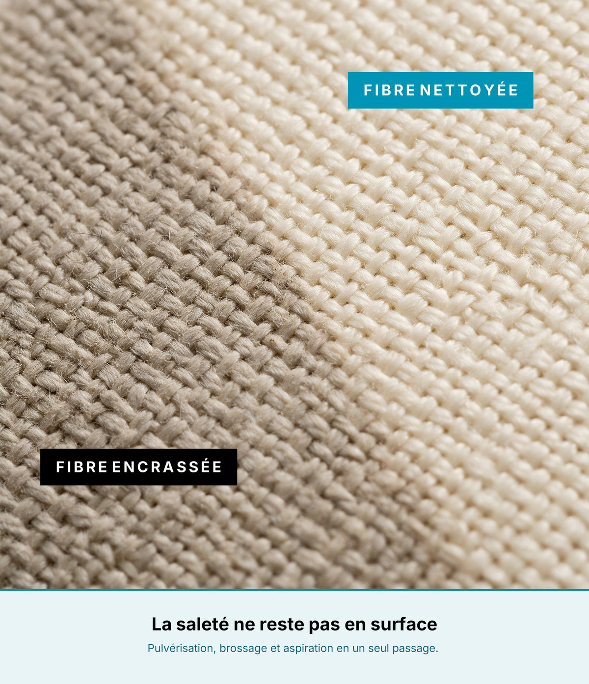 Gros plan sur un tissu tissé, une moitié encrassée et l'autre nettoyée par la shampouineuse OVANEA 400W 9000Pa