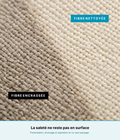 Gros plan sur un tissu tissé, une moitié encrassée et l'autre nettoyée par la shampouineuse OVANEA 400W 9000Pa
