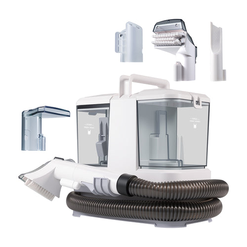 Shampouineuse OVANEA 400W 9000Pa sur fond blanc avec son tuyau flexible, son embout brossant et ses accessoires interchangeables