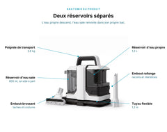 Schéma des pièces de la shampouineuse OVANEA 450W 12000Pa : réservoir d'eau propre 1,2 L, réservoir d'eau sale 600 ml, embout brossant, tuyau flexible et embout rallonge