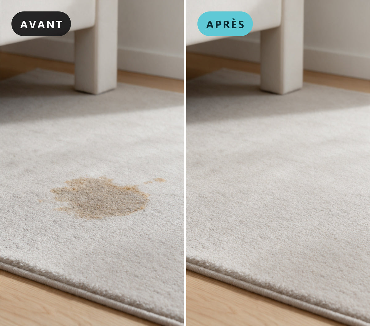 Tapis clair avant et après nettoyage à la shampouineuse OVANEA Édition Bondi, tache brune retirée