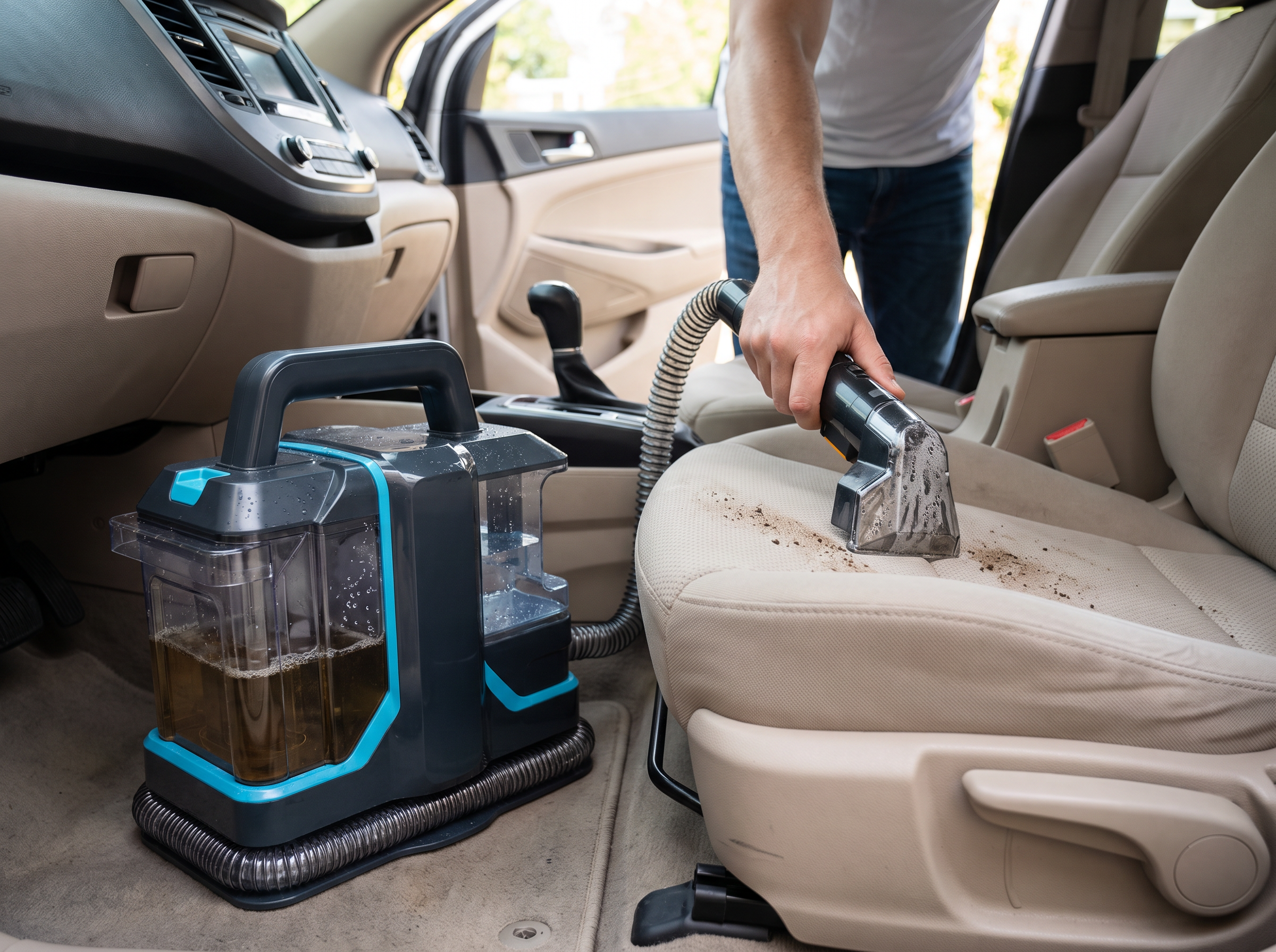 Shampouineuse OVANEA utilisée sur un siège de voiture